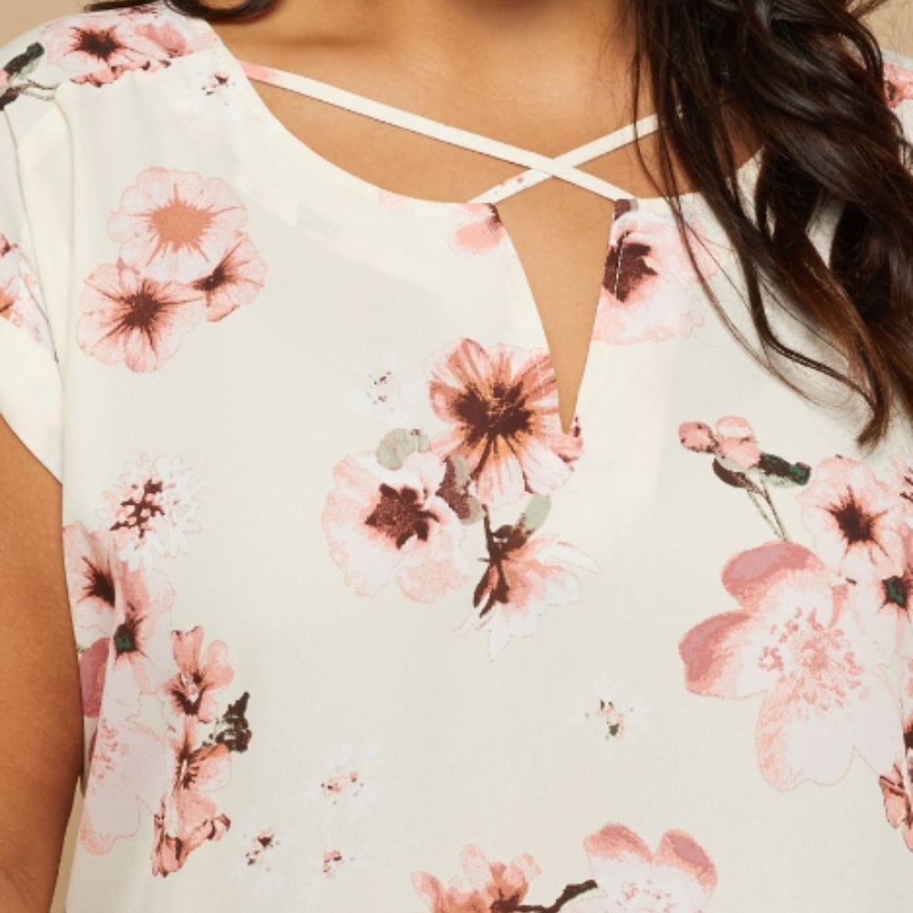Plus Ivory Floral Cross Strap Rolled Sleeve Blouse